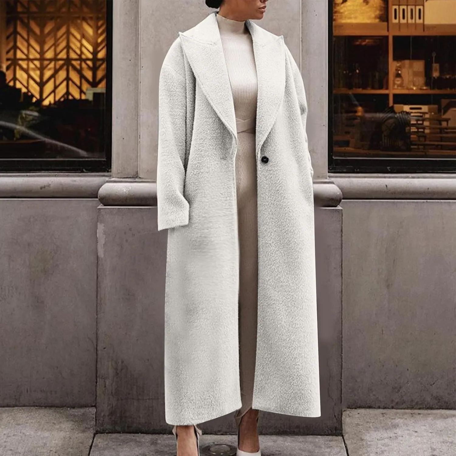 fartey Womens Wool Coats Casual Oversized Long Winter Trench Coats Thicken Warm Notch Lapel Pea Coat Jackets Outwear