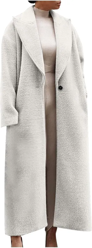 fartey Womens Wool Coats Casual Oversized Long Winter Trench Coats Thicken Warm Notch Lapel Pea Coat Jackets Outwear