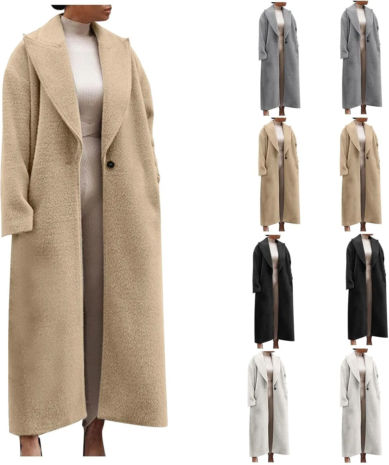 fartey Womens Wool Coats Casual Oversized Long Winter Trench Coats Thicken Warm Notch Lapel Pea Coat Jackets Outwear