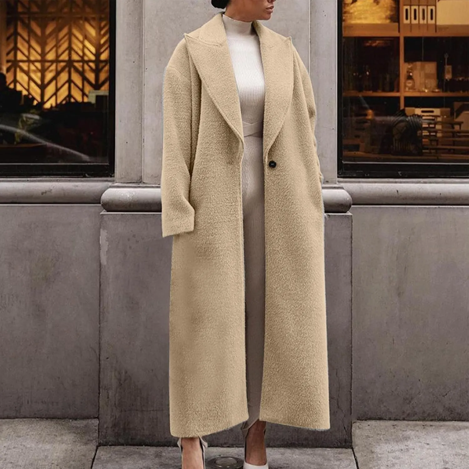 fartey Womens Wool Coats Casual Oversized Long Winter Trench Coats Thicken Warm Notch Lapel Pea Coat Jackets Outwear