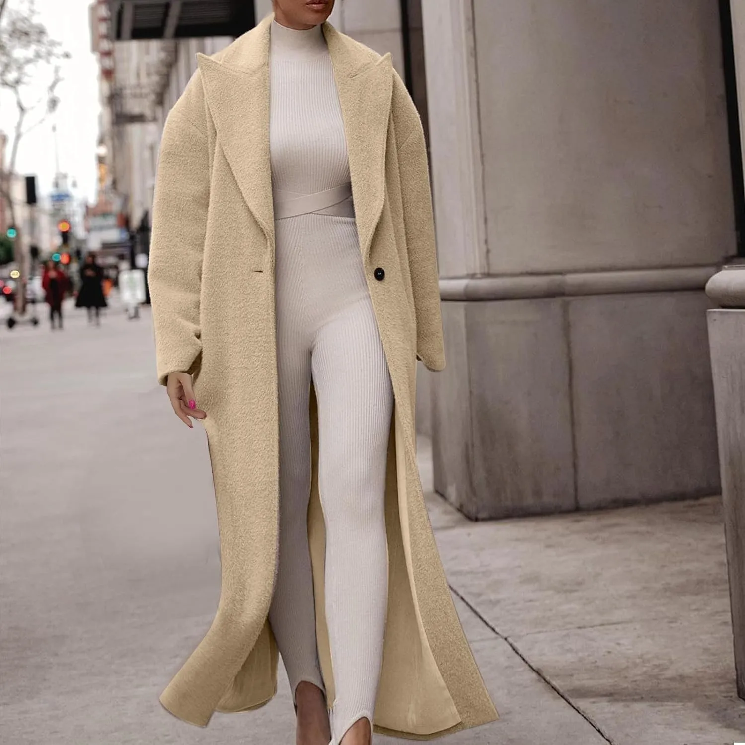 fartey Womens Wool Coats Casual Oversized Long Winter Trench Coats Thicken Warm Notch Lapel Pea Coat Jackets Outwear