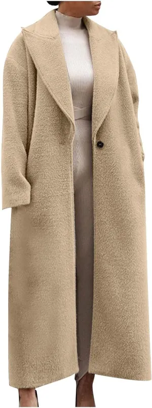 fartey Womens Wool Coats Casual Oversized Long Winter Trench Coats Thicken Warm Notch Lapel Pea Coat Jackets Outwear