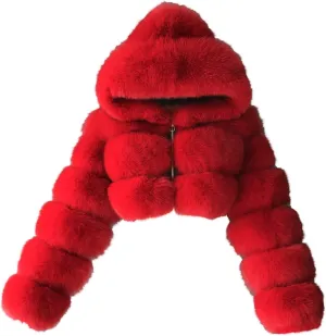 Faux Fur Coat Women with Hood Cropped Bubble Coats Furry Short Warm Jackets Plus Size Winter Coats for Women