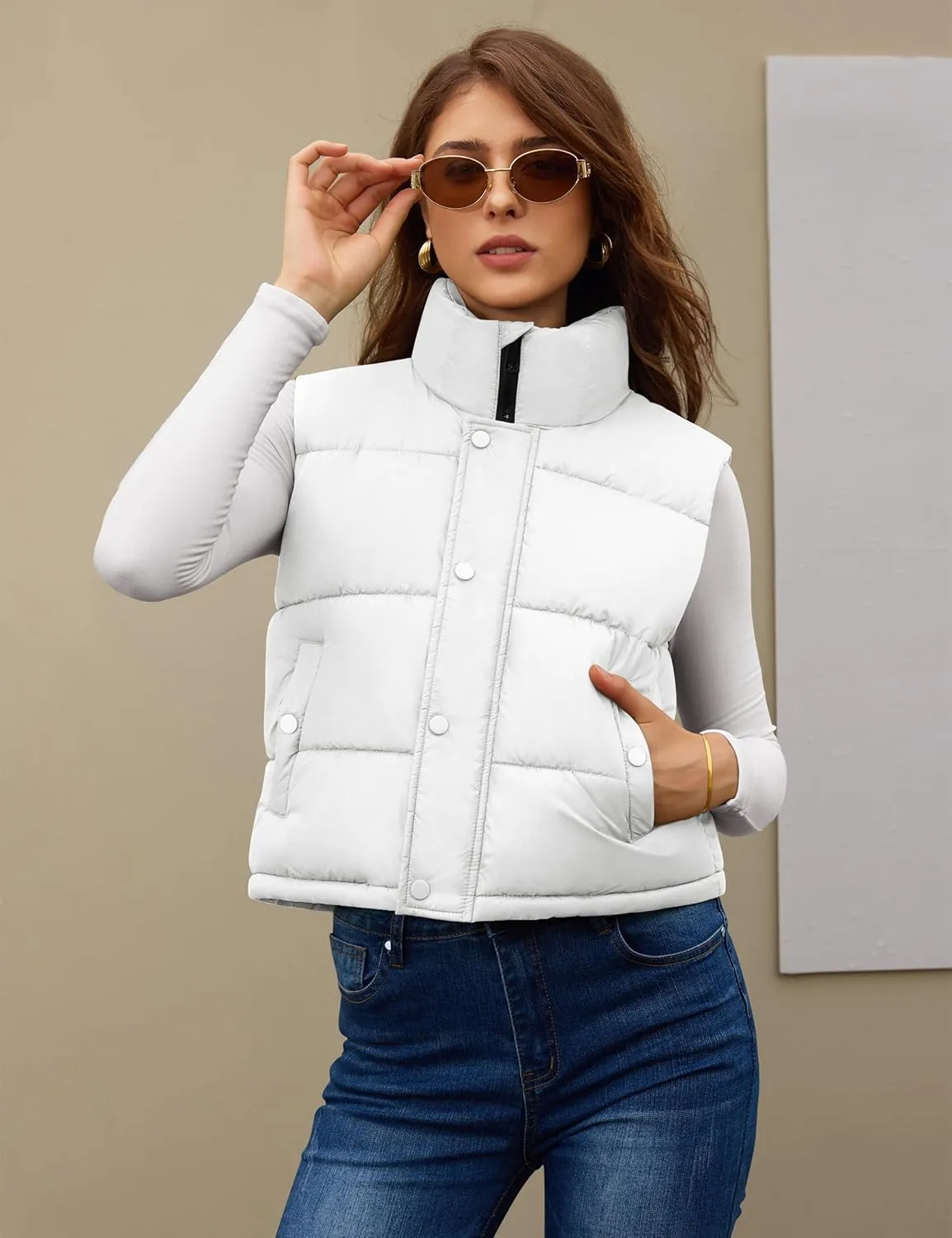 Fengbay Womens Puffer Vest Sleeveless Puffy Cropped Vests Stand Collar Vest Lightweight Bubble Quilted Vests Trendy 2025