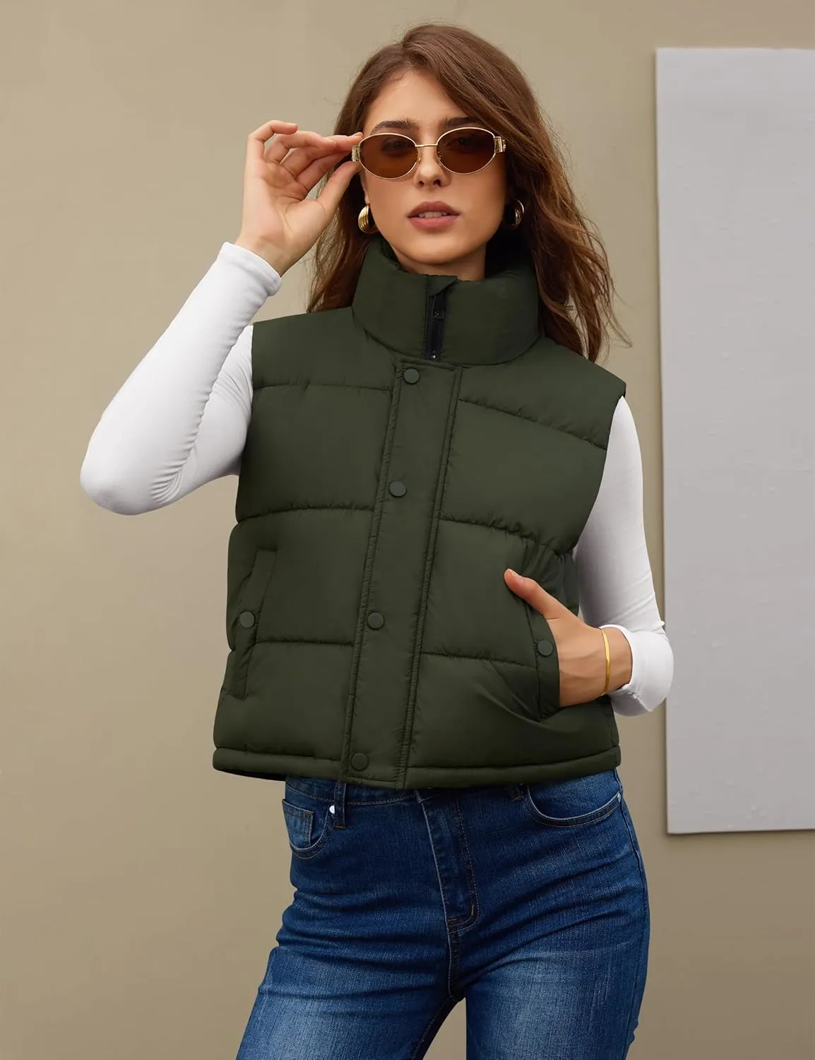 Fengbay Womens Puffer Vest Sleeveless Puffy Cropped Vests Stand Collar Vest Lightweight Bubble Quilted Vests Trendy 2025