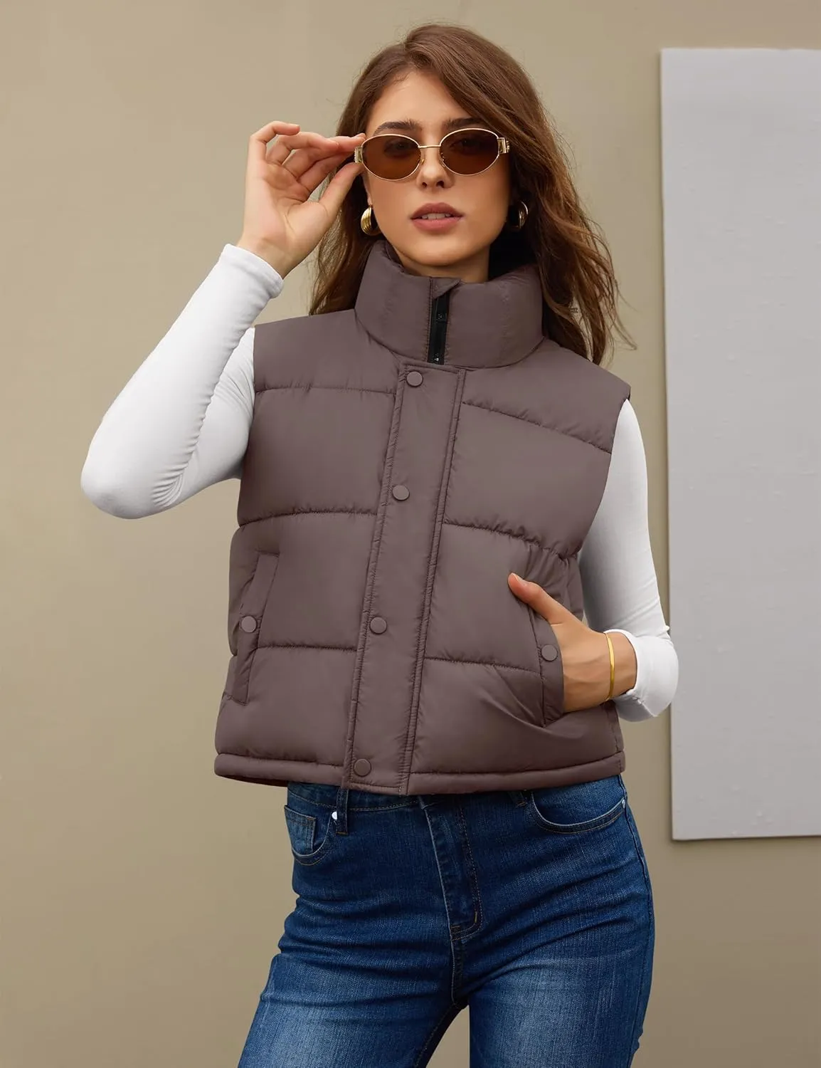 Fengbay Womens Puffer Vest Sleeveless Puffy Cropped Vests Stand Collar Vest Lightweight Bubble Quilted Vests Trendy 2025