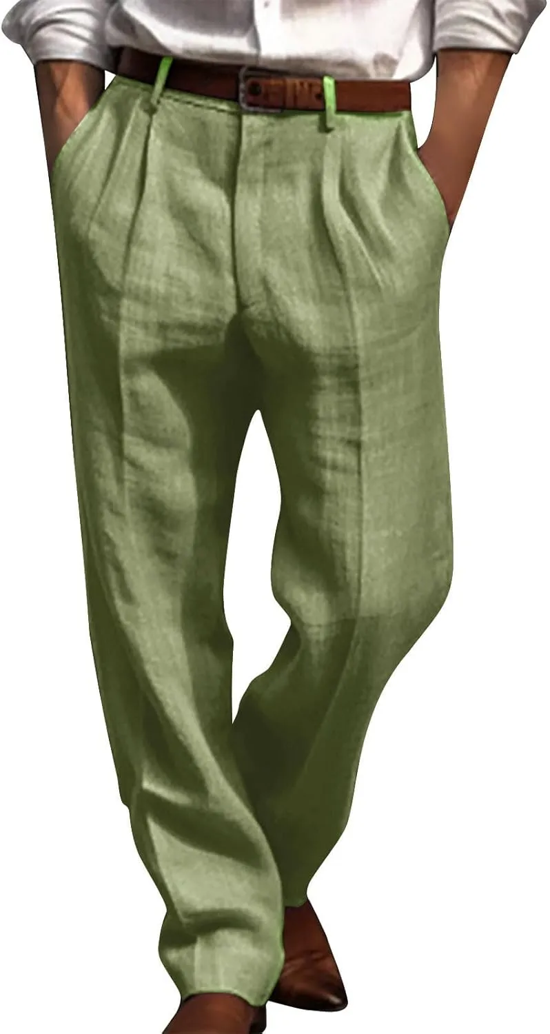 Finelylove Cotton Linen Pants Men Straight Leg Pleated Work Dress Pants Relaxed Fit Casual Leisure Chino Trousers
