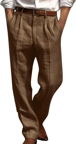 Finelylove Cotton Linen Pants Men Straight Leg Pleated Work Dress Pants Relaxed Fit Casual Leisure Chino Trousers