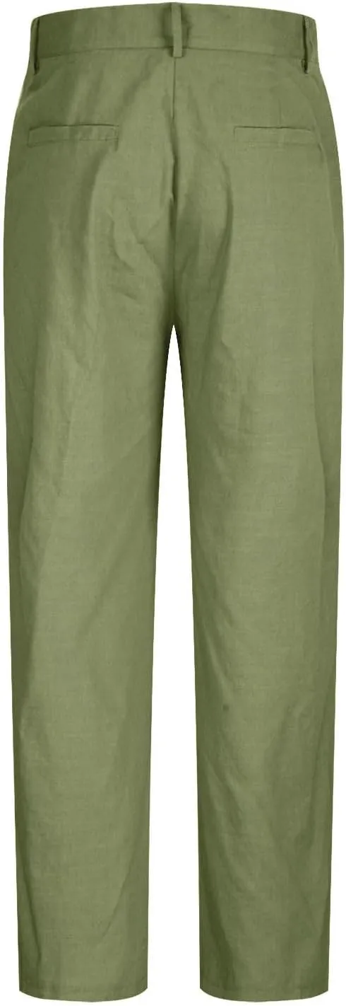 Finelylove Cotton Linen Pants Men Straight Leg Pleated Work Dress Pants Relaxed Fit Casual Leisure Chino Trousers