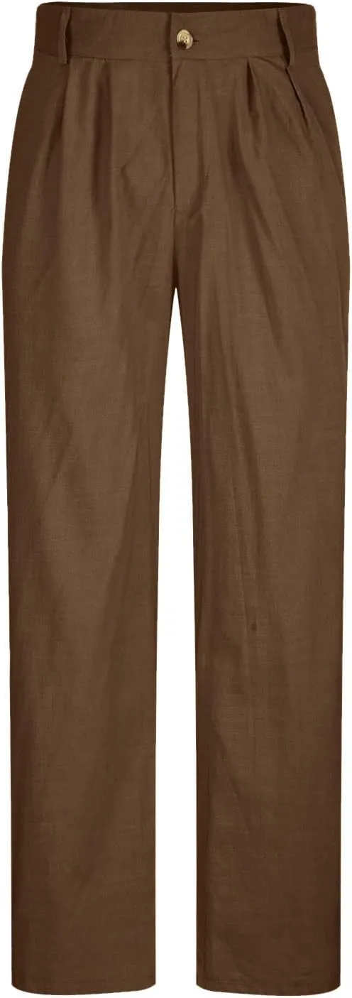 Finelylove Cotton Linen Pants Men Straight Leg Pleated Work Dress Pants Relaxed Fit Casual Leisure Chino Trousers