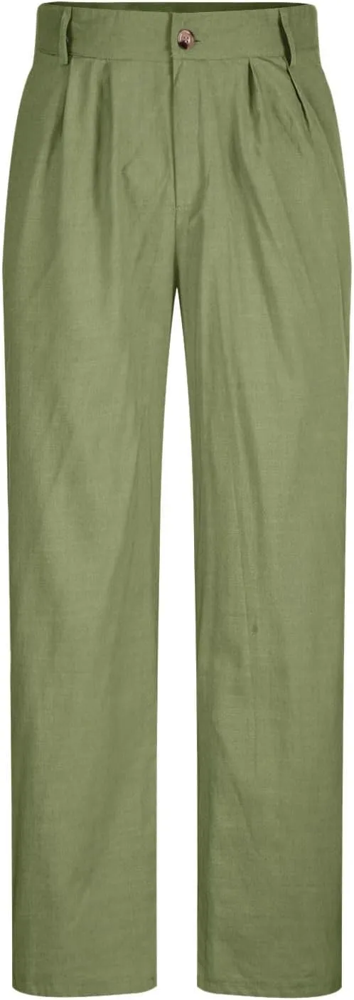 Finelylove Cotton Linen Pants Men Straight Leg Pleated Work Dress Pants Relaxed Fit Casual Leisure Chino Trousers