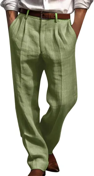 Finelylove Cotton Linen Pants Men Straight Leg Pleated Work Dress Pants Relaxed Fit Casual Leisure Chino Trousers