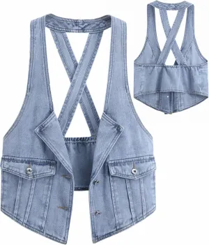 Fitted Denim Vest Cropped Sexy Cute Halter Jean Vest Top For Women lightweight With Pockets