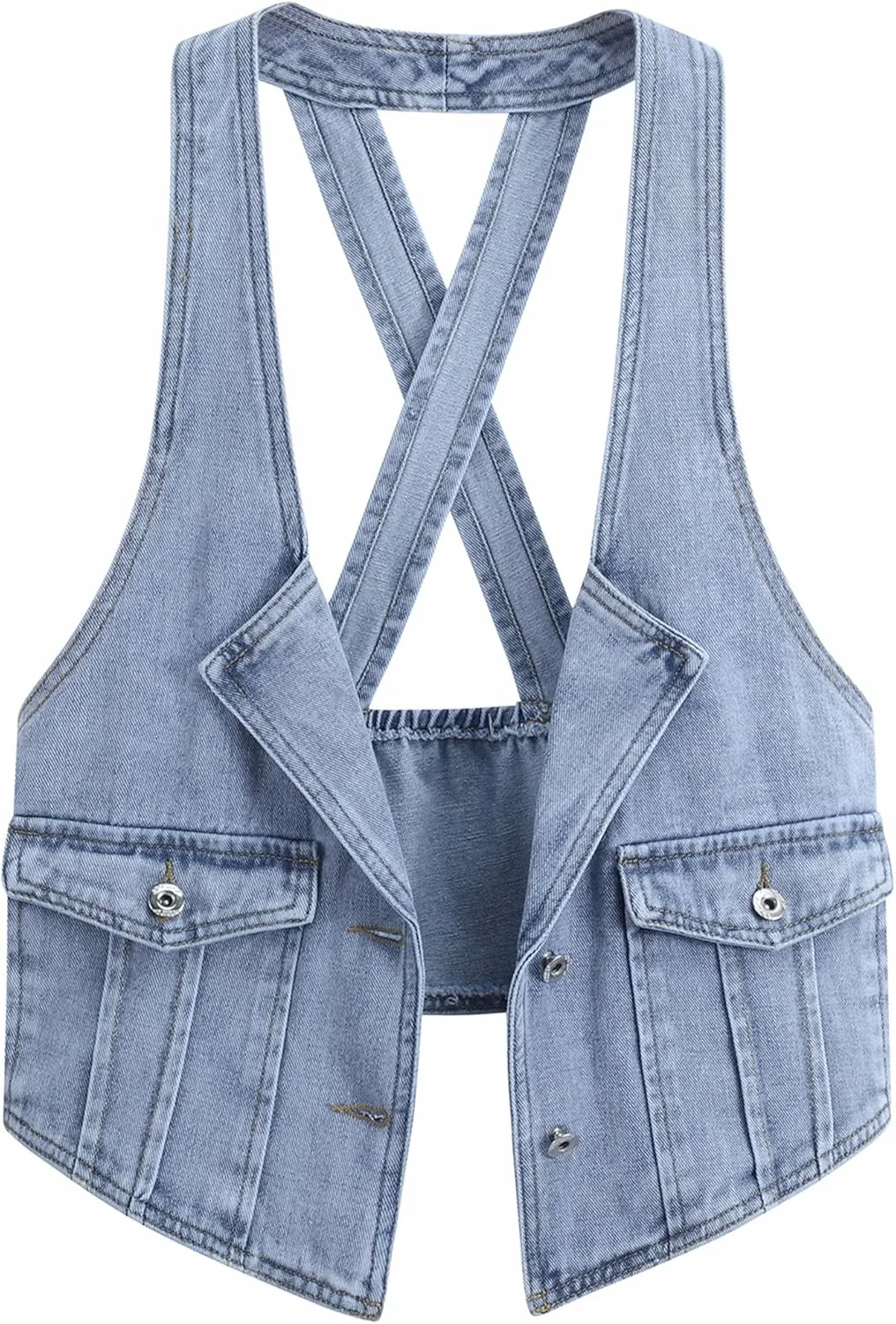Fitted Denim Vest Cropped Sexy Cute Halter Jean Vest Top For Women lightweight With Pockets