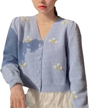 Floral Embroidered Knitted Cardigan For Women Sweater Vintage V Neck Long Sleeve Top Outerwear Chic Top