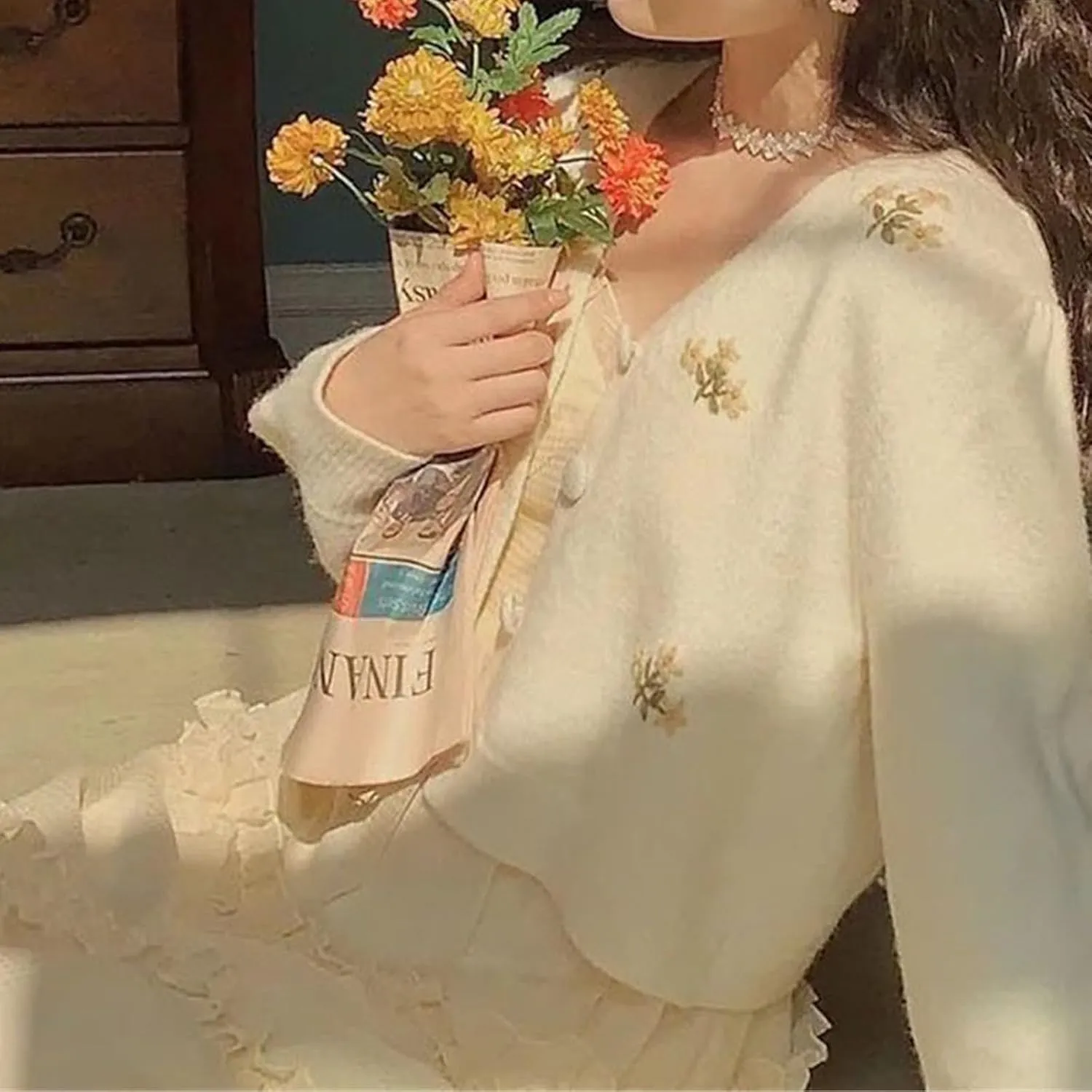 Floral Embroidered Knitted Cardigan For Women Sweater Vintage V Neck Long Sleeve Top Outerwear Chic Top