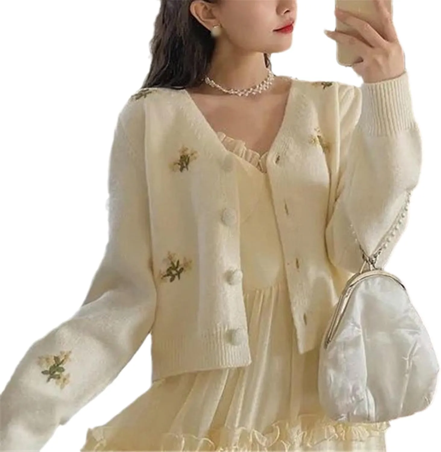 Floral Embroidered Knitted Cardigan For Women Sweater Vintage V Neck Long Sleeve Top Outerwear Chic Top