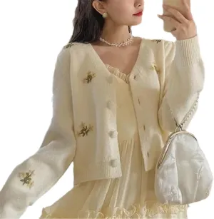 Floral Embroidered Knitted Cardigan For Women Sweater Vintage V Neck Long Sleeve Top Outerwear Chic Top