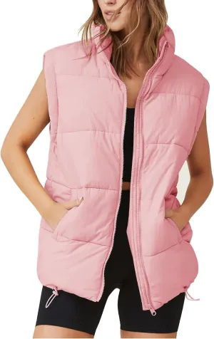 Flygo Puffer Vest Women Zip Up Sleeveless Winter Casual Stand Collar Padded Down Jacket Coat with Pockets