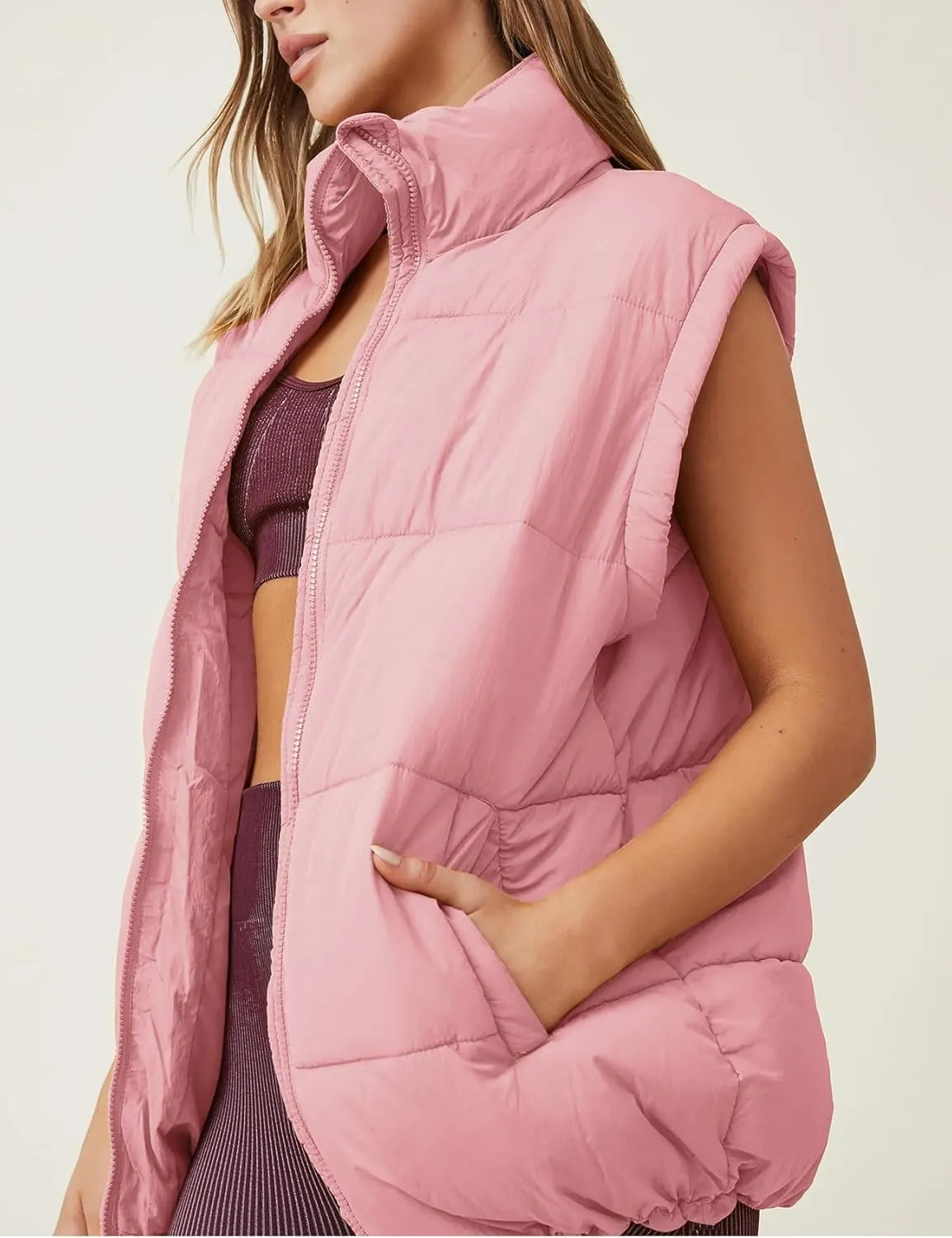 Flygo Puffer Vest Women Zip Up Sleeveless Winter Casual Stand Collar Padded Down Jacket Coat with Pockets