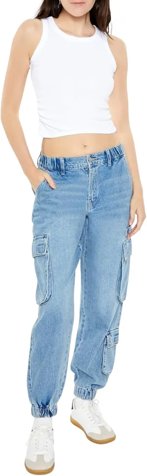 Forever 21 Women's Mid-Rise Denim Cargo Joggers