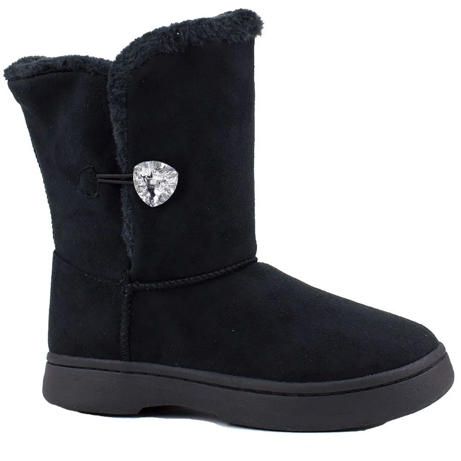 Fur Crystal Button Gem Vegan Suede Mid-Calf Durable Outdoor Boot
