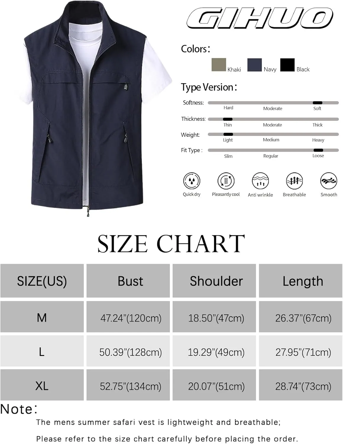 Gihuo Mens Casual Lightweight Travel Vest Summer Utility Safari Vest Sleeveless Jackets for Travel Hiking Fishing