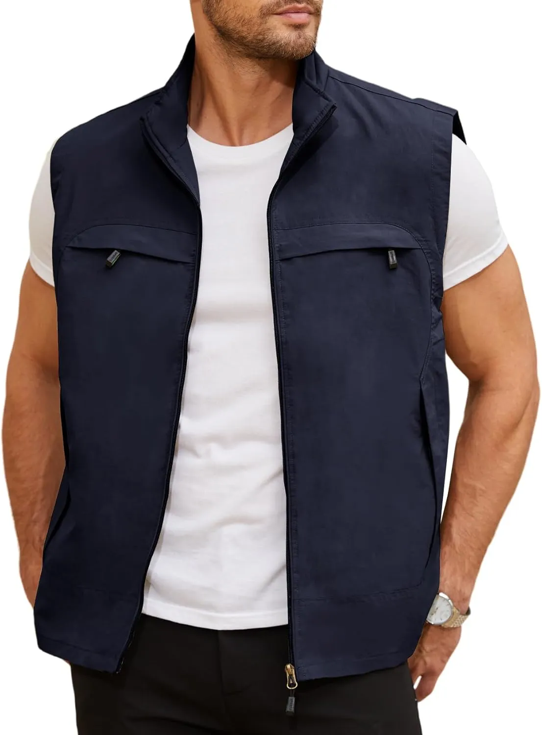 Gihuo Mens Casual Lightweight Travel Vest Summer Utility Safari Vest Sleeveless Jackets for Travel Hiking Fishing