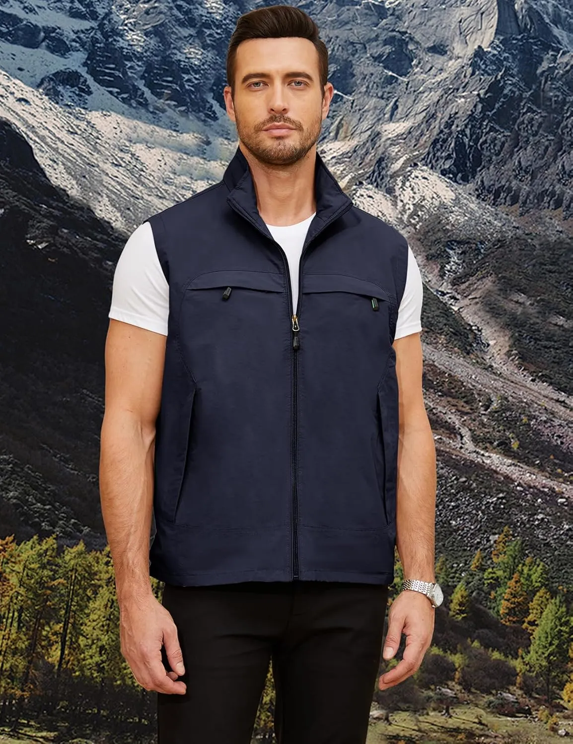 Gihuo Mens Casual Lightweight Travel Vest Summer Utility Safari Vest Sleeveless Jackets for Travel Hiking Fishing