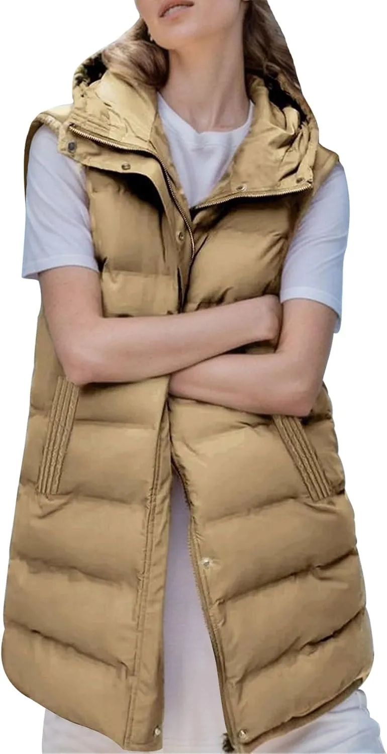 Gihuo Women's Long Puffer Vest Winter Quilted Hooded Sleeveless Zip Up Long Jacket Vest Gilet