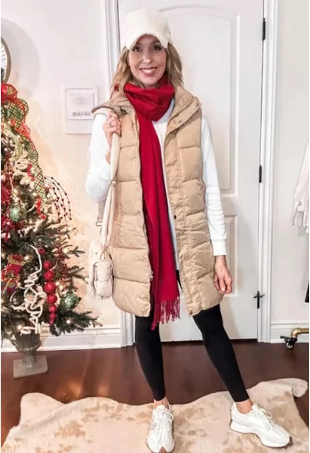 Gihuo Women's Long Puffer Vest Winter Quilted Hooded Sleeveless Zip Up Long Jacket Vest Gilet