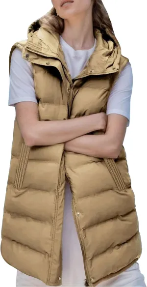 Gihuo Women's Long Puffer Vest Winter Quilted Hooded Sleeveless Zip Up Long Jacket Vest Gilet