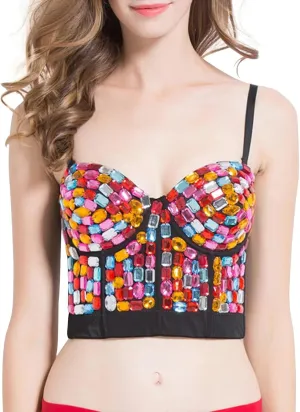 GOOHO Women's Bustier Crop Top Mesh Corset Top Push up Rhinestone Diamond Bra Club Party Vest