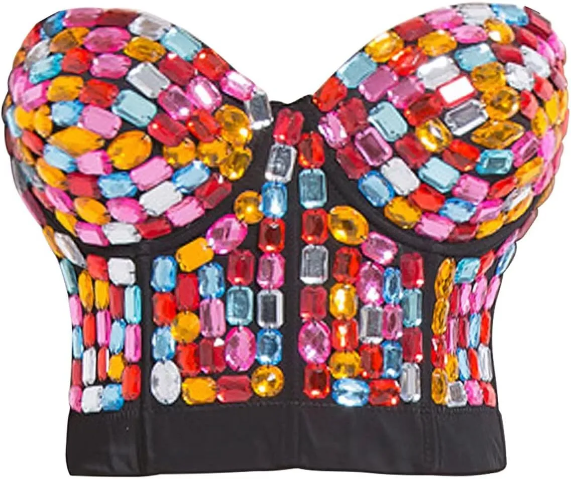 GOOHO Women's Bustier Crop Top Mesh Corset Top Push up Rhinestone Diamond Bra Club Party Vest