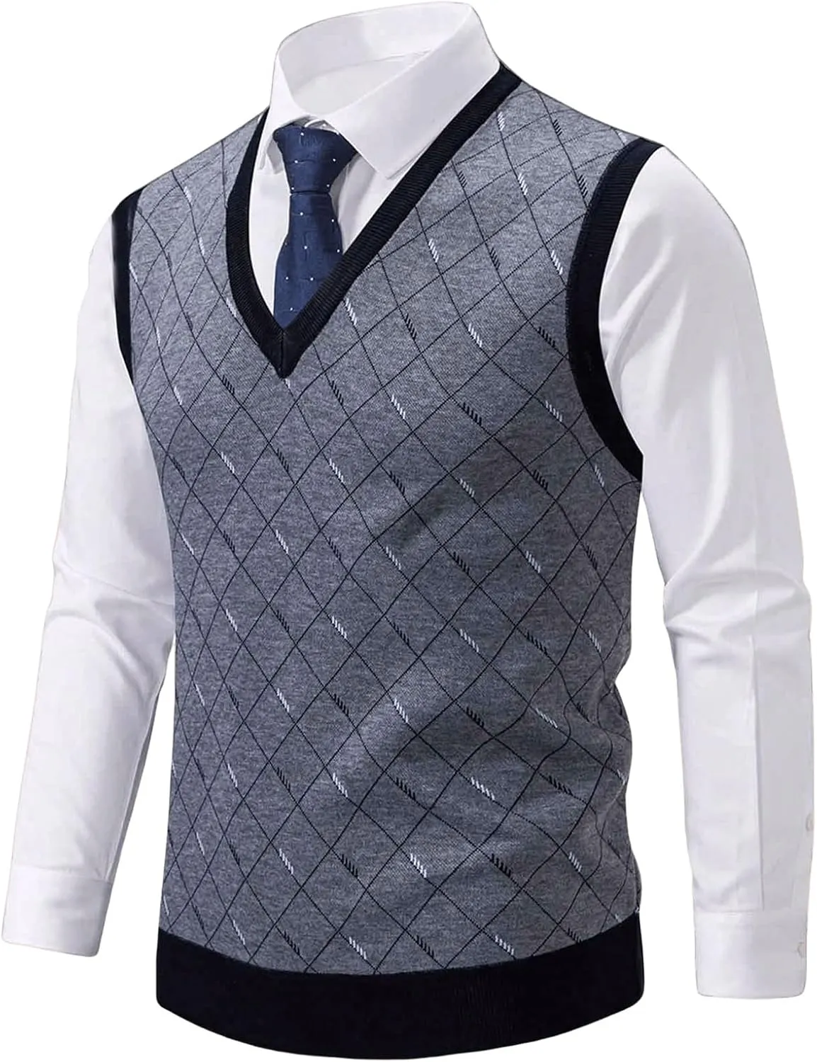 GORGLITTER Men's Argyle Sweater Vest Sleeveless V Neck Knit Vest Top Business Tank Top Office Knitted Sweater