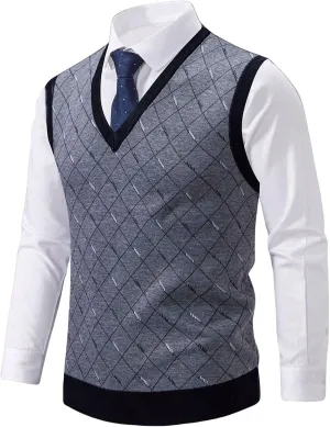 GORGLITTER Men's Argyle Sweater Vest Sleeveless V Neck Knit Vest Top Business Tank Top Office Knitted Sweater