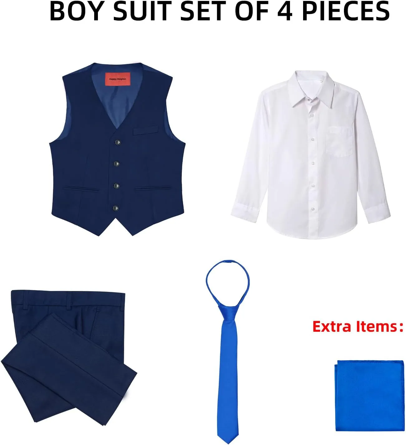 Happy Dolphin Boys 4-Piece Slim Fit Formal Vest Set with Suit Vest, Pants, Shirt, and Tie