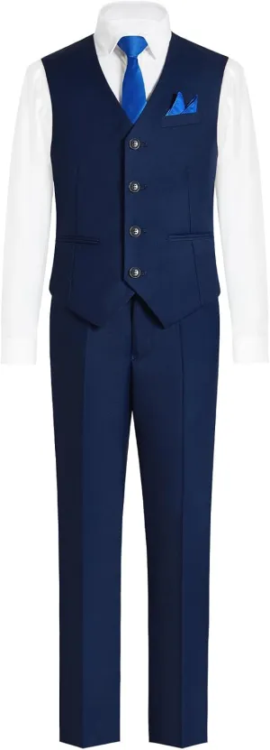 Happy Dolphin Boys 4-Piece Slim Fit Formal Vest Set with Suit Vest, Pants, Shirt, and Tie