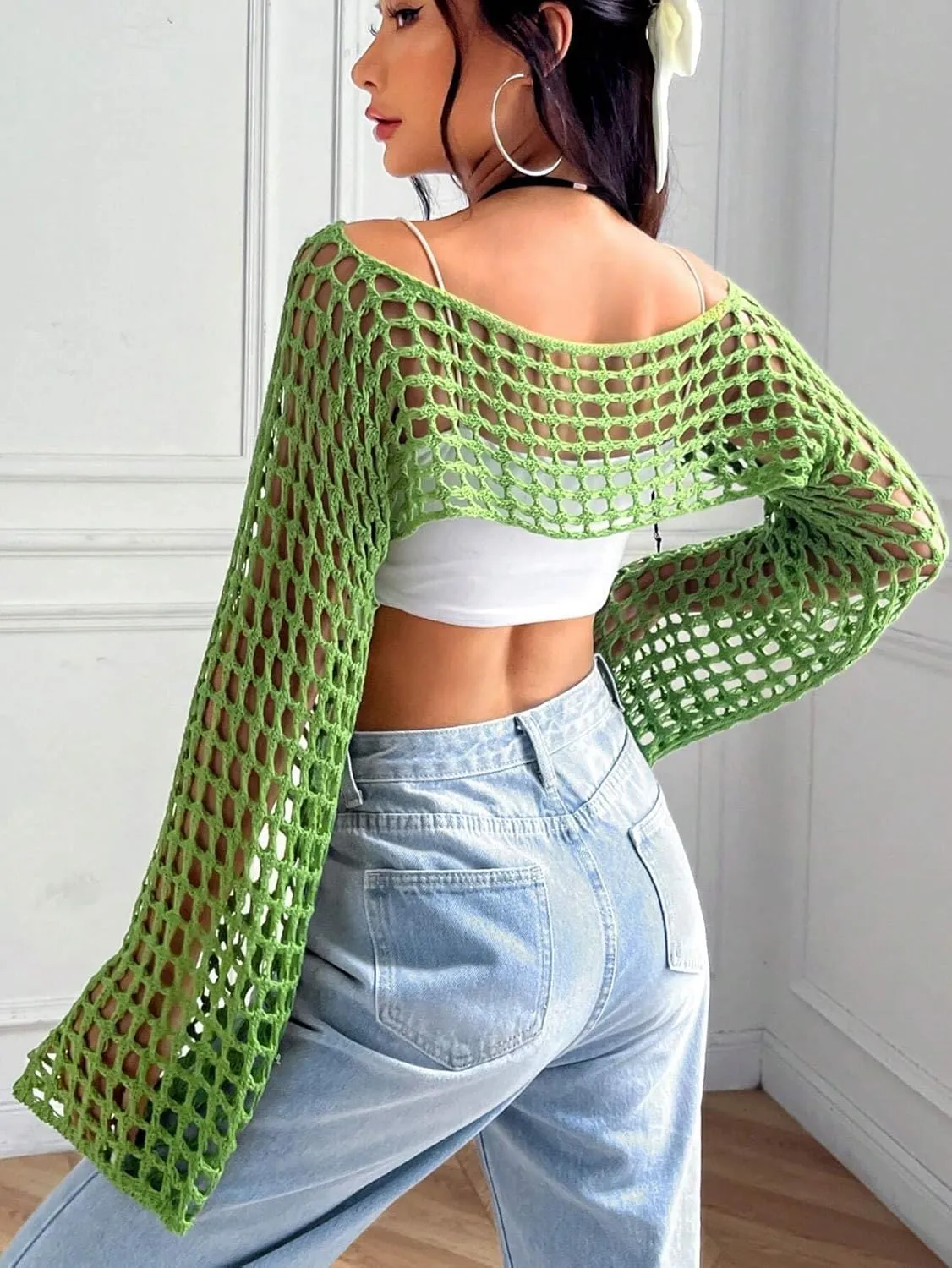 hathne Women Hollow Out Sweater Crop Flounce Off See Through Crochet Top Trumpet Long Sleeve Knit Top