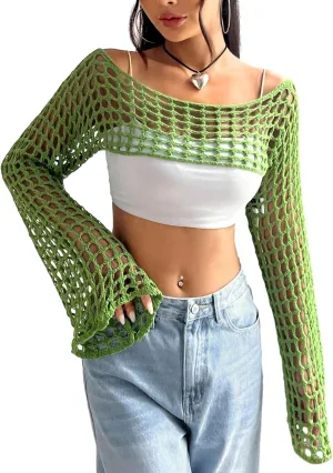 hathne Women Hollow Out Sweater Crop Flounce Off See Through Crochet Top Trumpet Long Sleeve Knit Top