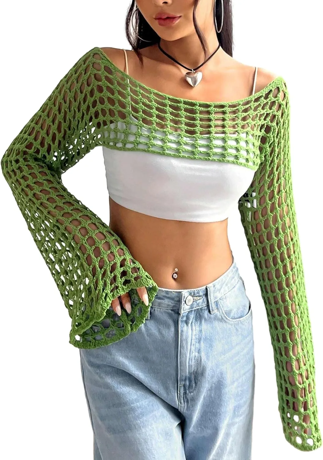 hathne Women Hollow Out Sweater Crop Flounce Off See Through Crochet Top Trumpet Long Sleeve Knit Top