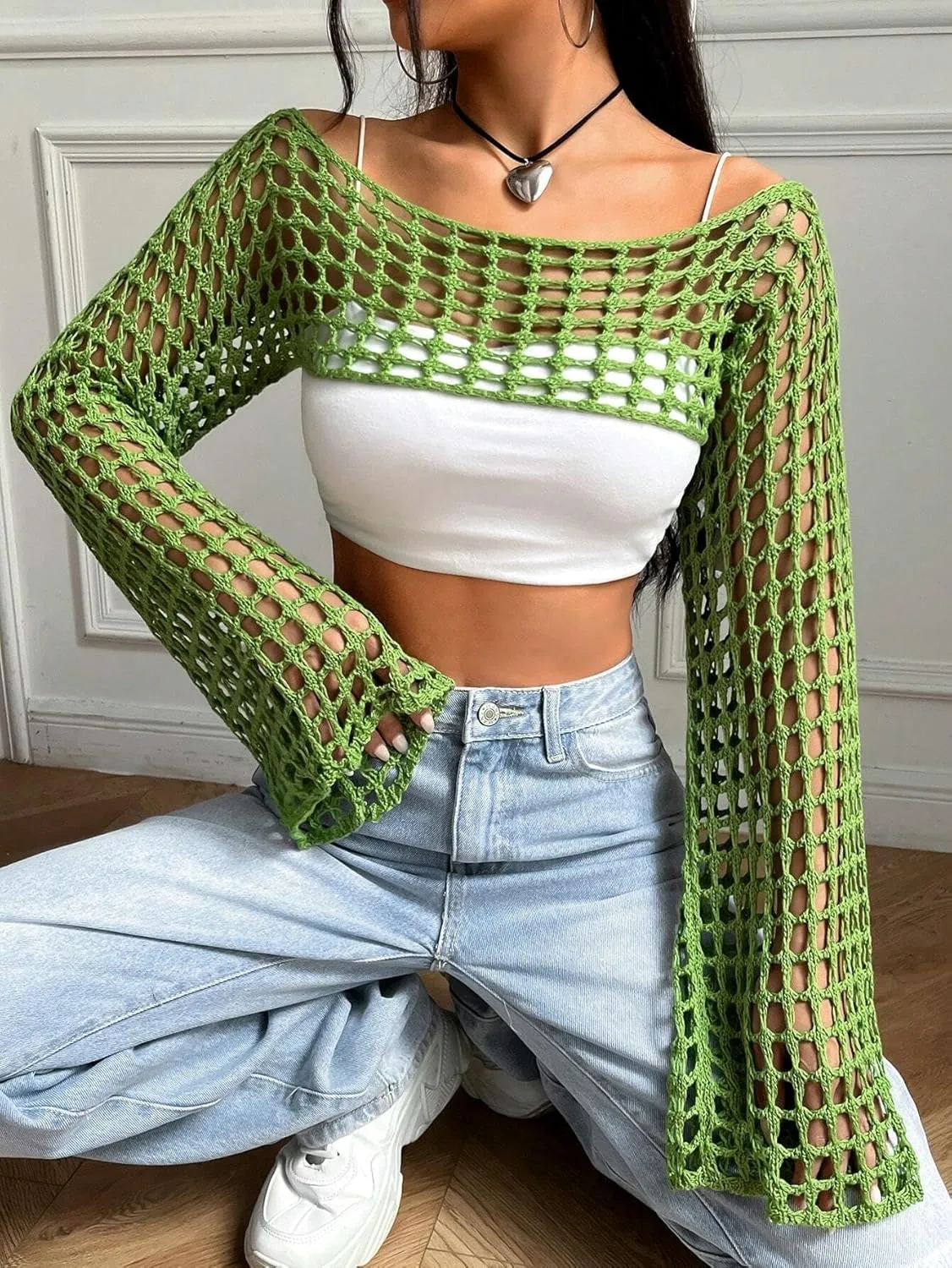 hathne Women Hollow Out Sweater Crop Flounce Off See Through Crochet Top Trumpet Long Sleeve Knit Top