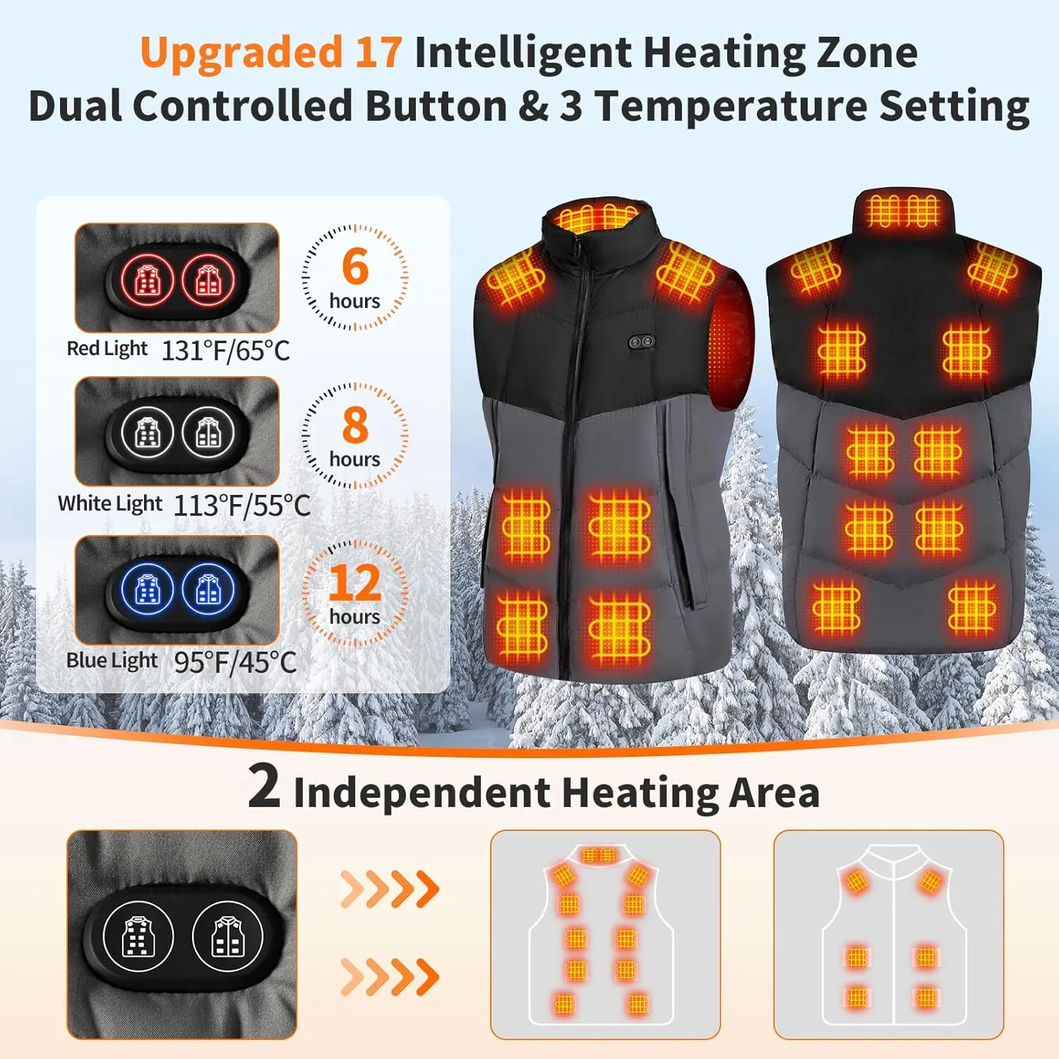 Heated Vest for Men,11-17 Heating Zones Rechargeable Heated Vest with 7.4v 16000mAh Battery for Outdoor Travel Etc