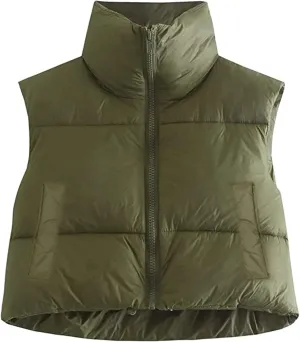HengShunRui Women Winter Cropped Puffer Vest Sleeveless Cotton Padded Gilet Coat Lightweight Warm Outwear