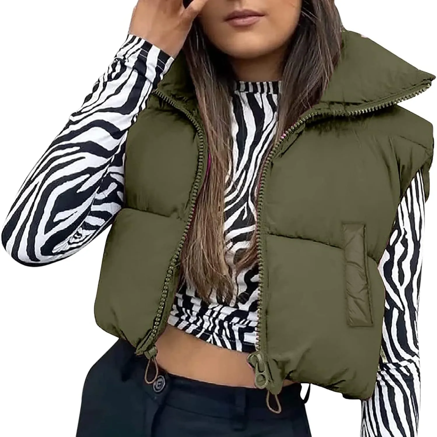 HengShunRui Women Winter Cropped Puffer Vest Sleeveless Cotton Padded Gilet Coat Lightweight Warm Outwear