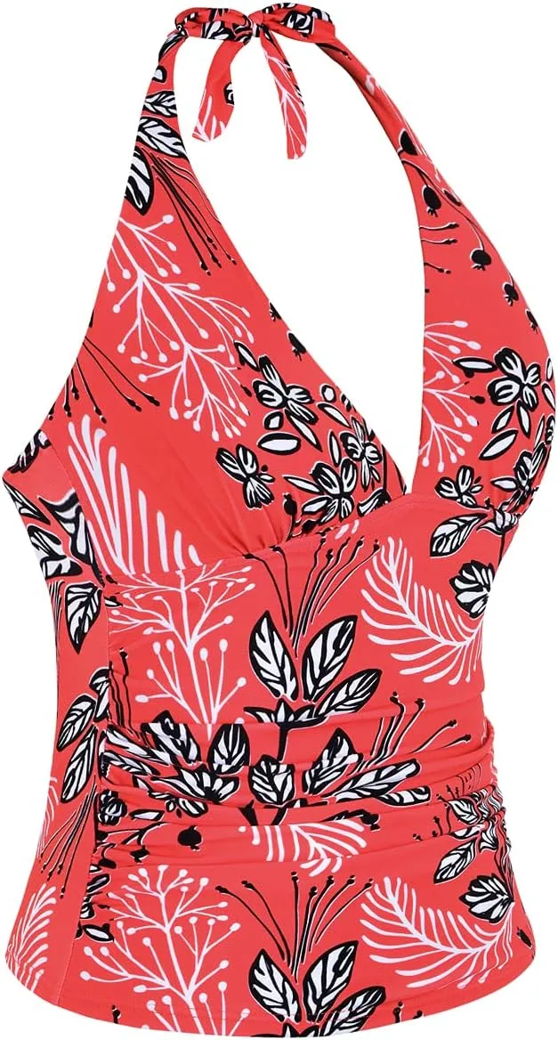 Hilor Women's Tummy Control Tankini Top Swimsuit Plunging V Neck Top Swimwear Halter Bathing Suits Swim Tops