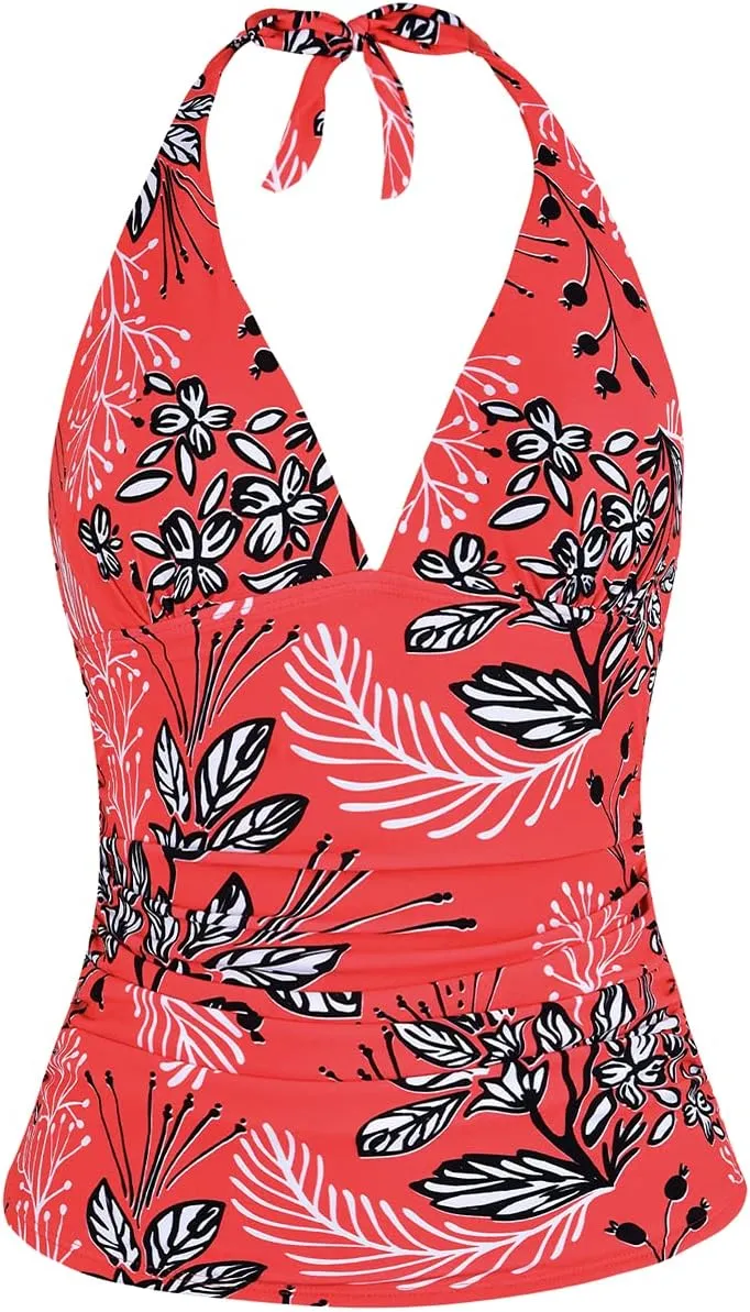 Hilor Women's Tummy Control Tankini Top Swimsuit Plunging V Neck Top Swimwear Halter Bathing Suits Swim Tops