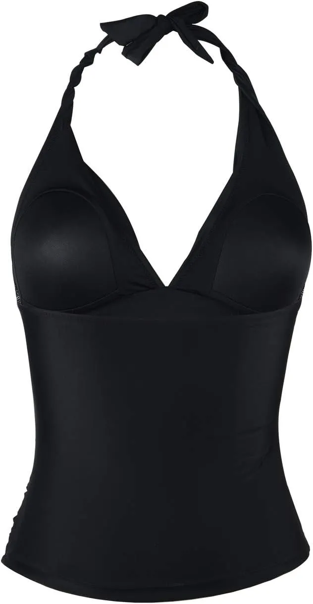 Hilor Women's Tummy Control Tankini Top Swimsuit Plunging V Neck Top Swimwear Halter Bathing Suits Swim Tops
