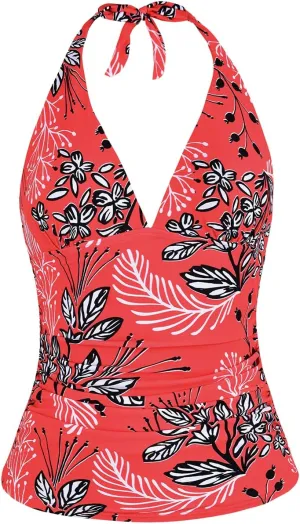 Hilor Women's Tummy Control Tankini Top Swimsuit Plunging V Neck Top Swimwear Halter Bathing Suits Swim Tops