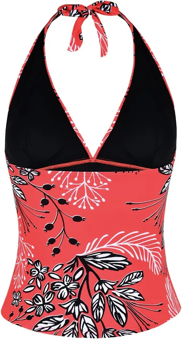 Hilor Women's Tummy Control Tankini Top Swimsuit Plunging V Neck Top Swimwear Halter Bathing Suits Swim Tops